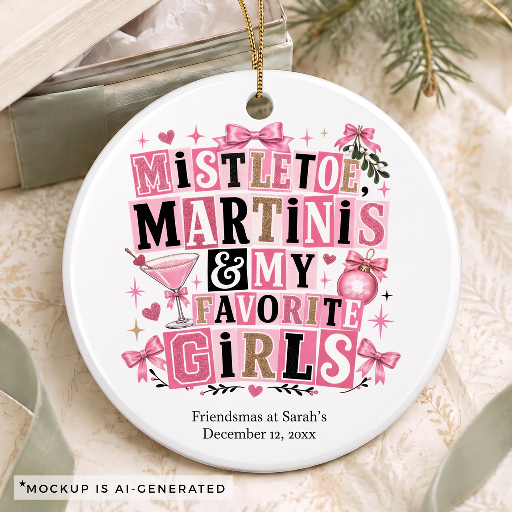 Close-up of the pink and gold retro lettering and personalized event details on the Mistletoe Martinis ornament