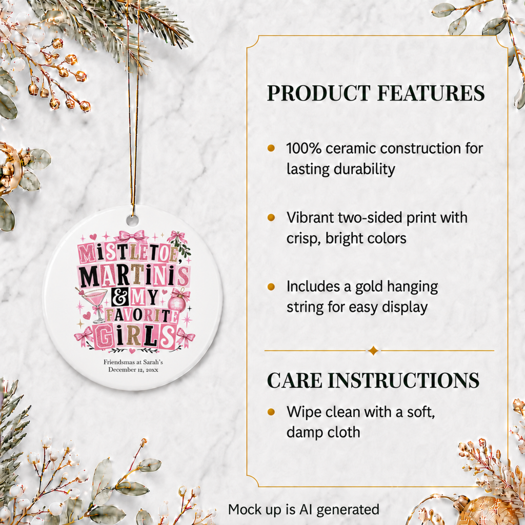 Mistletoe and Martinis ornament shown as a party favor gift for a girls' holiday cocktail party