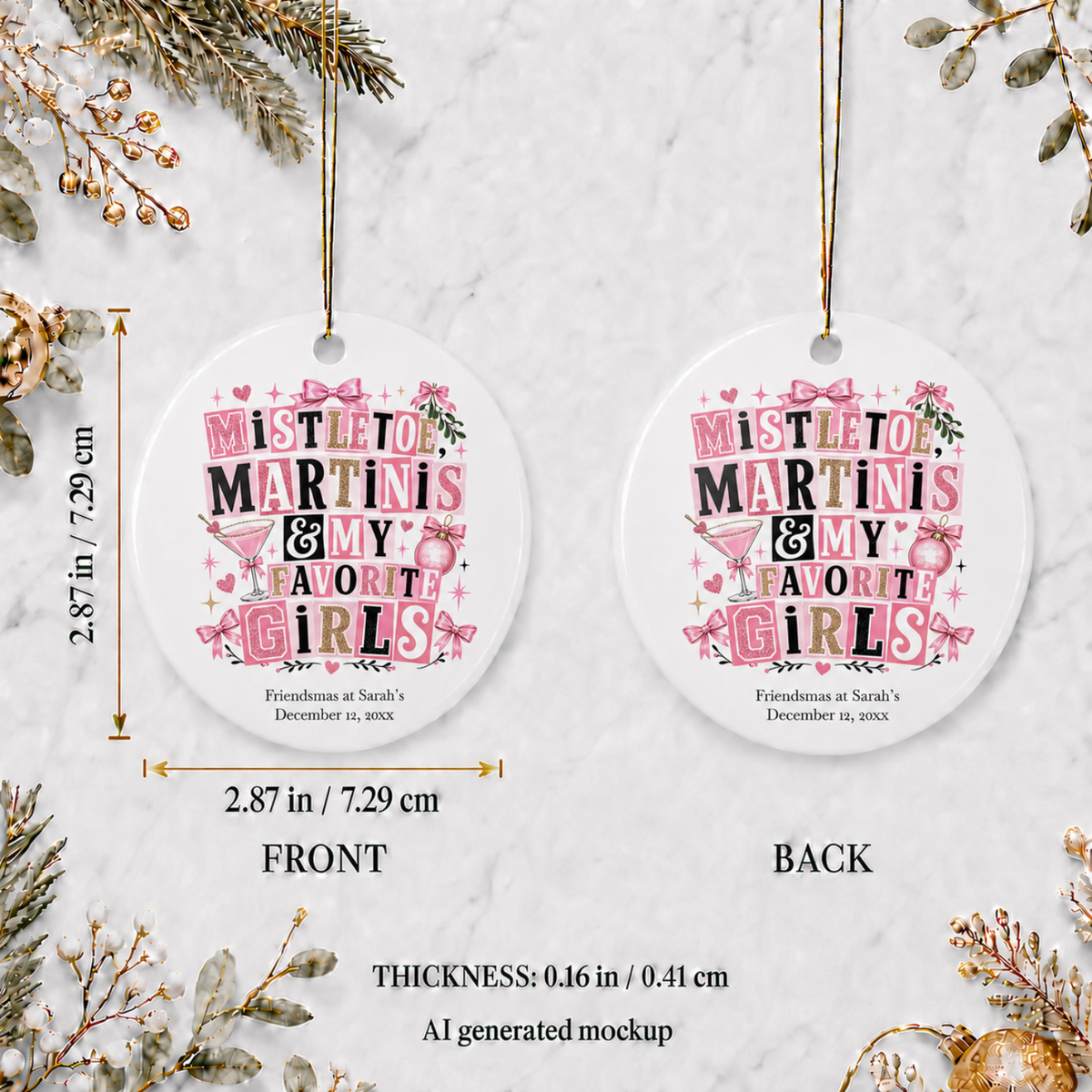 Mistletoe and Martinis ornament size reference on a ceramic circle