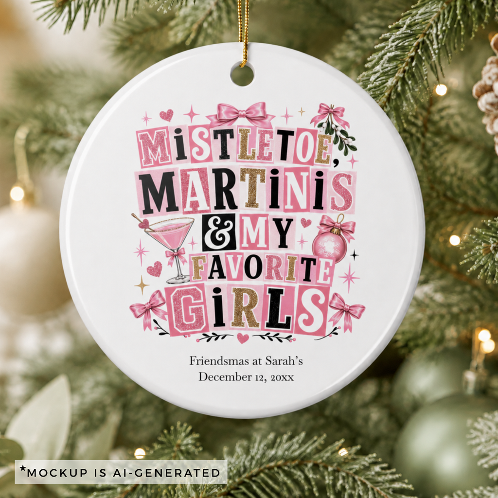 Mistletoe and Martinis ornament shown hanging on a Christmas tree