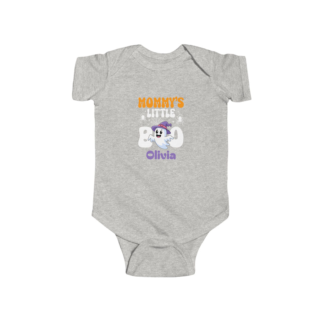 Mommys Little Boo Halloween onesie in black - personalized halloween baby gift with kawaii ghost witch hat design