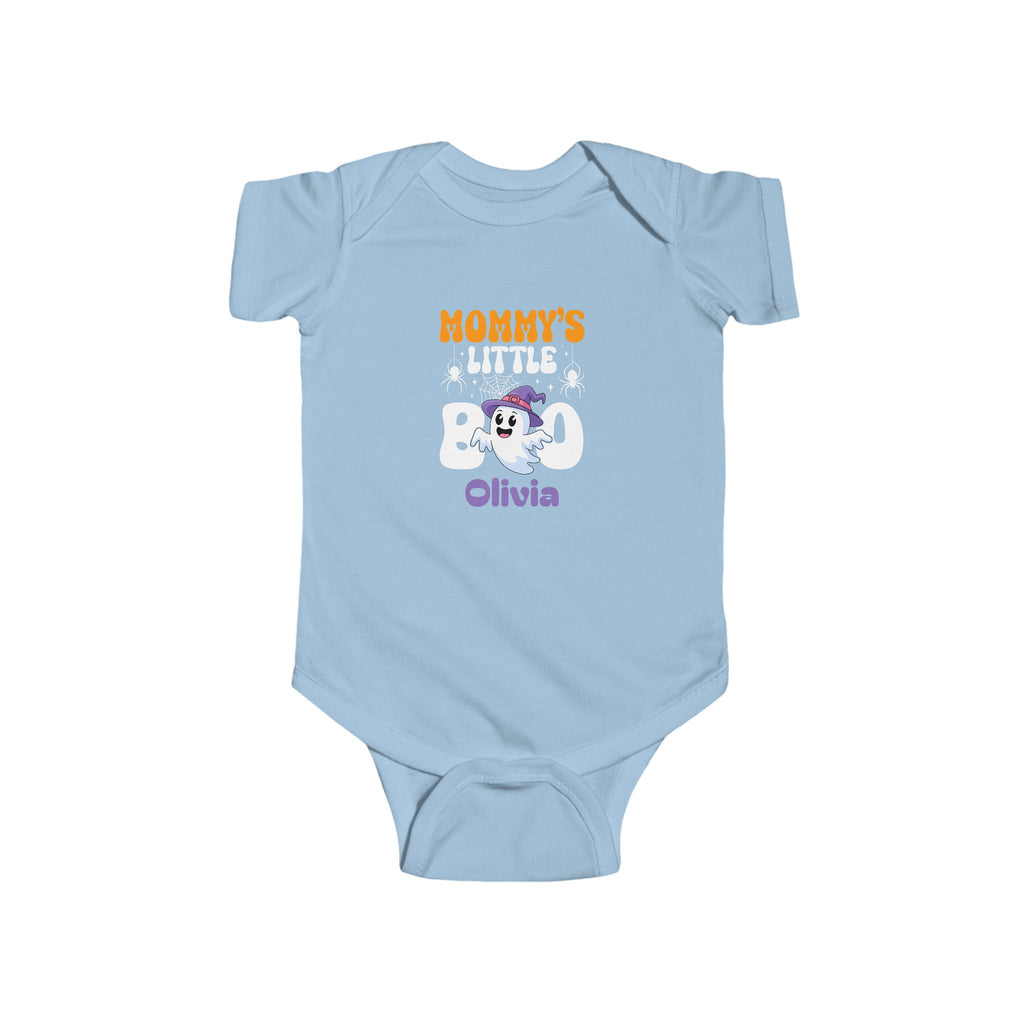 Mommys Little Boo Halloween onesie detail - kawaii ghost witch hat design personalized halloween baby gift with custom purple name