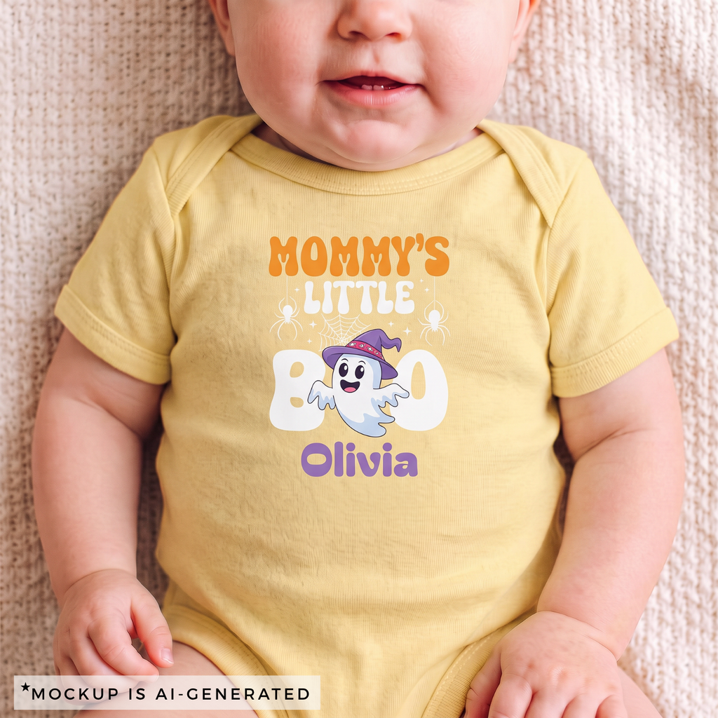 Mommys Little Boo Halloween onesie flat lay - orange white ghost witch hat design with custom baby name in purple