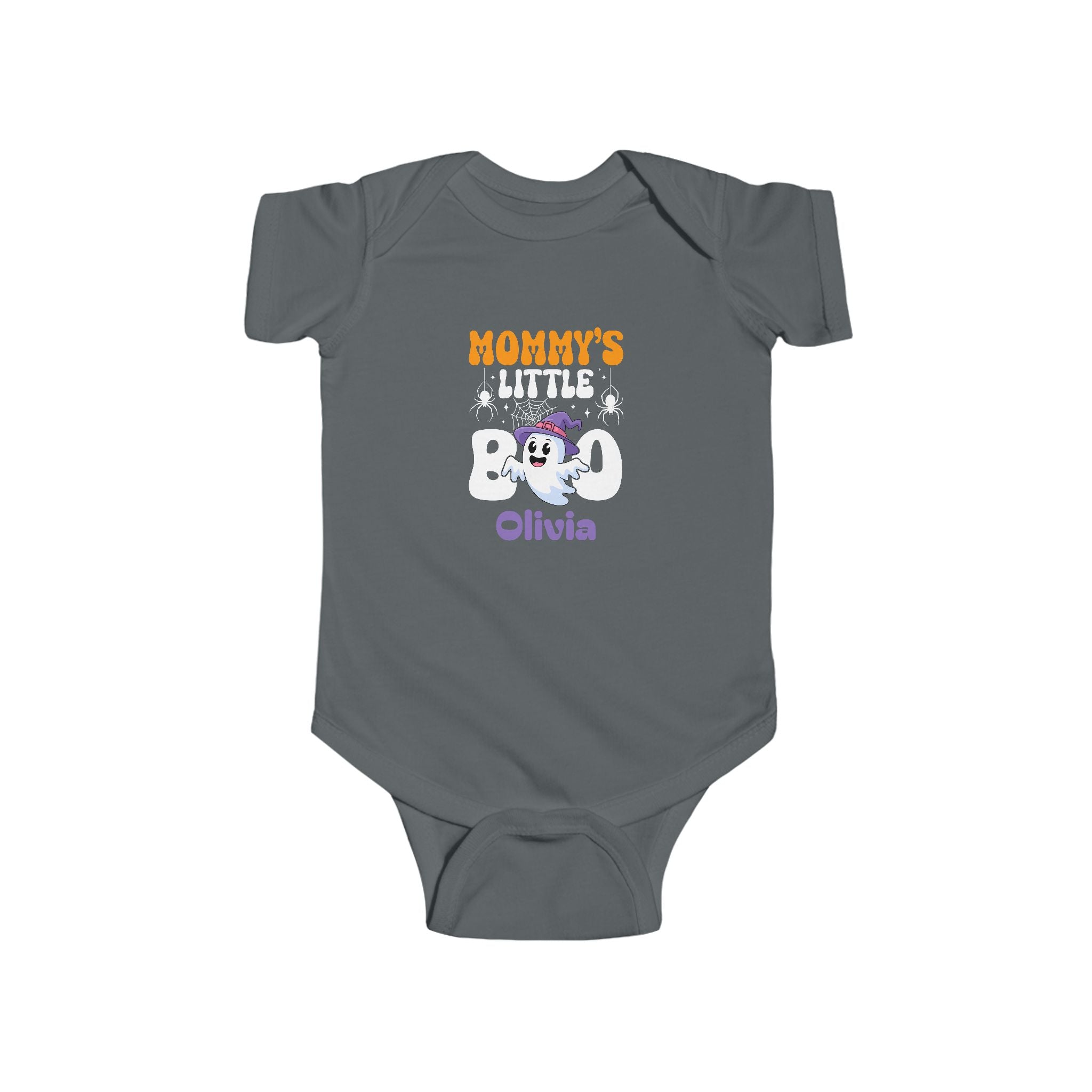 Mommys Little Boo Halloween onesie in heather - personalized baby halloween bodysuit with orange ghost and custom name