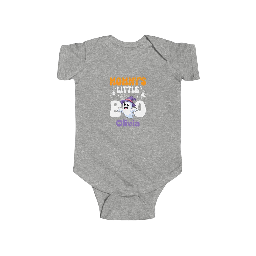 Mommys Little Boo personalized baby bodysuit size guide - available in NB 6M 12M 18M and 24M in multiple colors