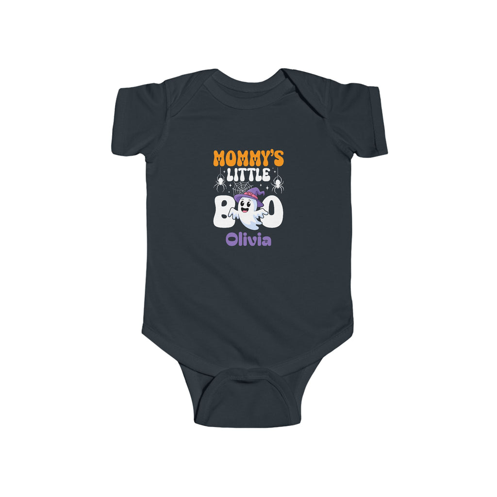Mommys Little Boo Halloween onesie in white - personalized kawaii ghost witch hat baby bodysuit with custom name