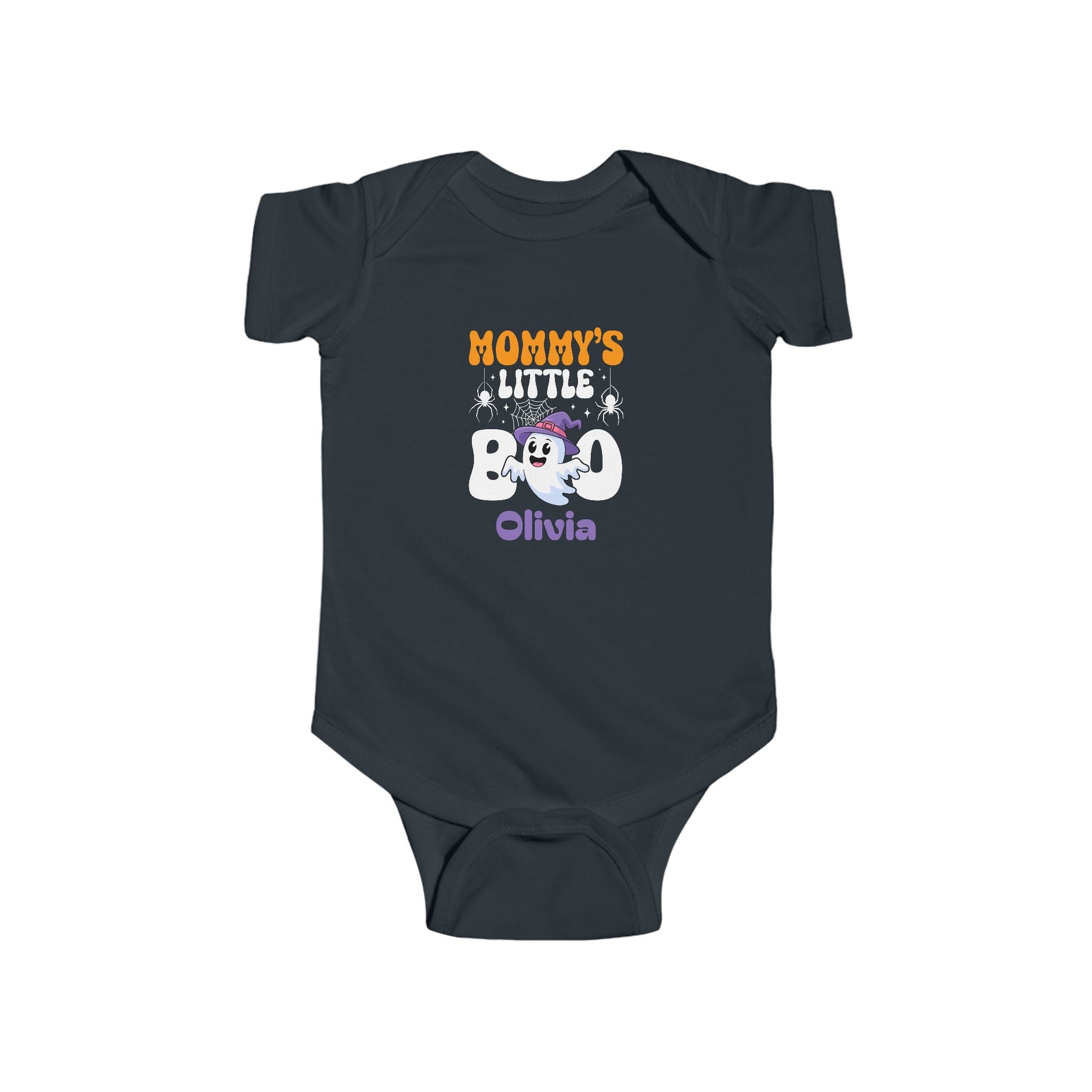 Mommys Little Boo Halloween onesie in white - personalized kawaii ghost witch hat baby bodysuit with custom name