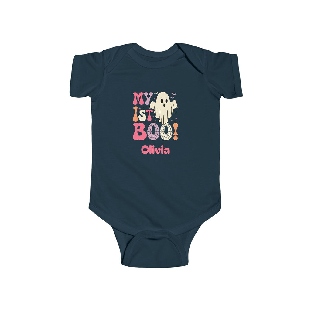 My 1st Boo Halloween personalized baby onesie in black - retro ghost design in pink orange and purple with custom baby name in pink script