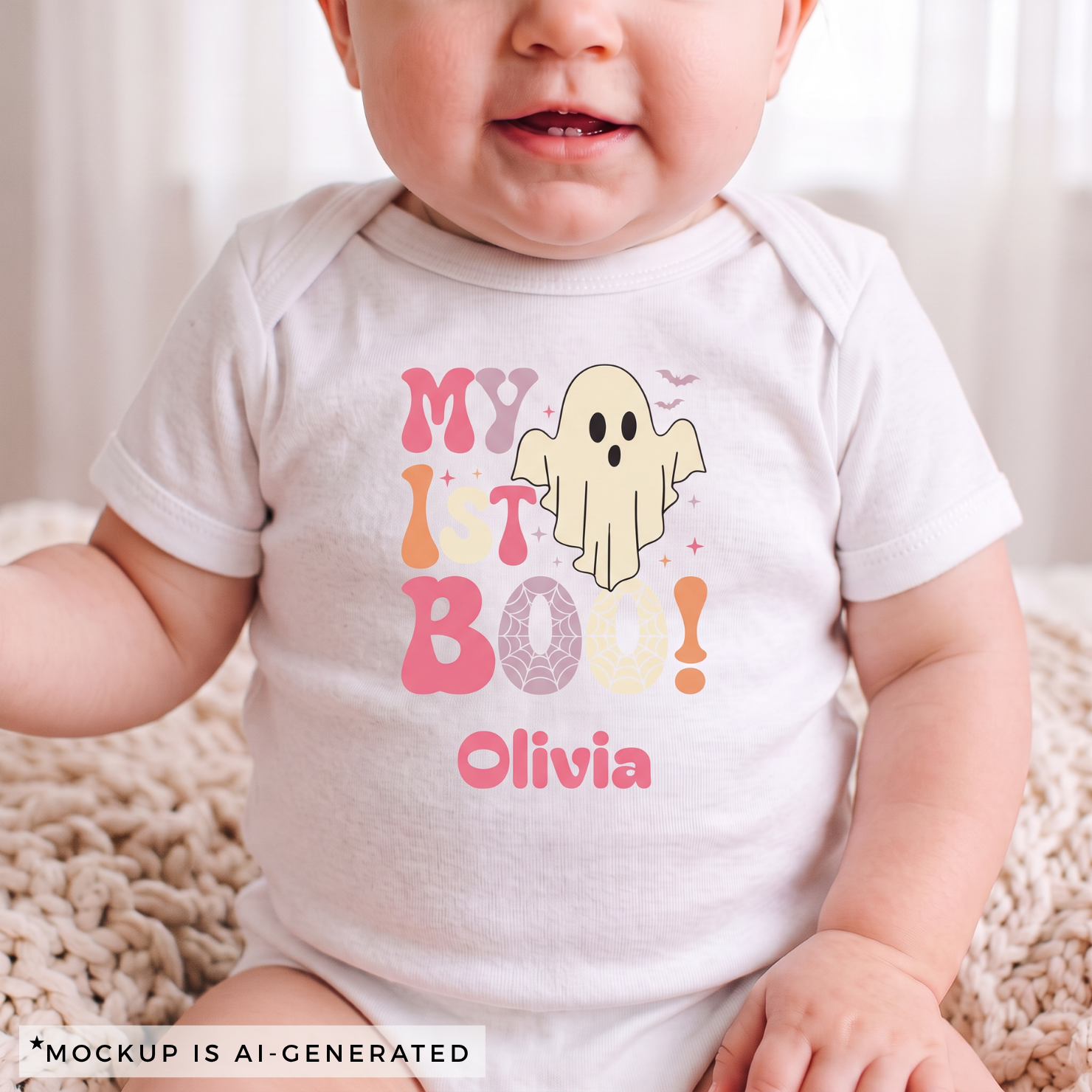 Close-up of My 1st Boo onesie design - floating ghost bats sparkles spiderweb and personalized pink name