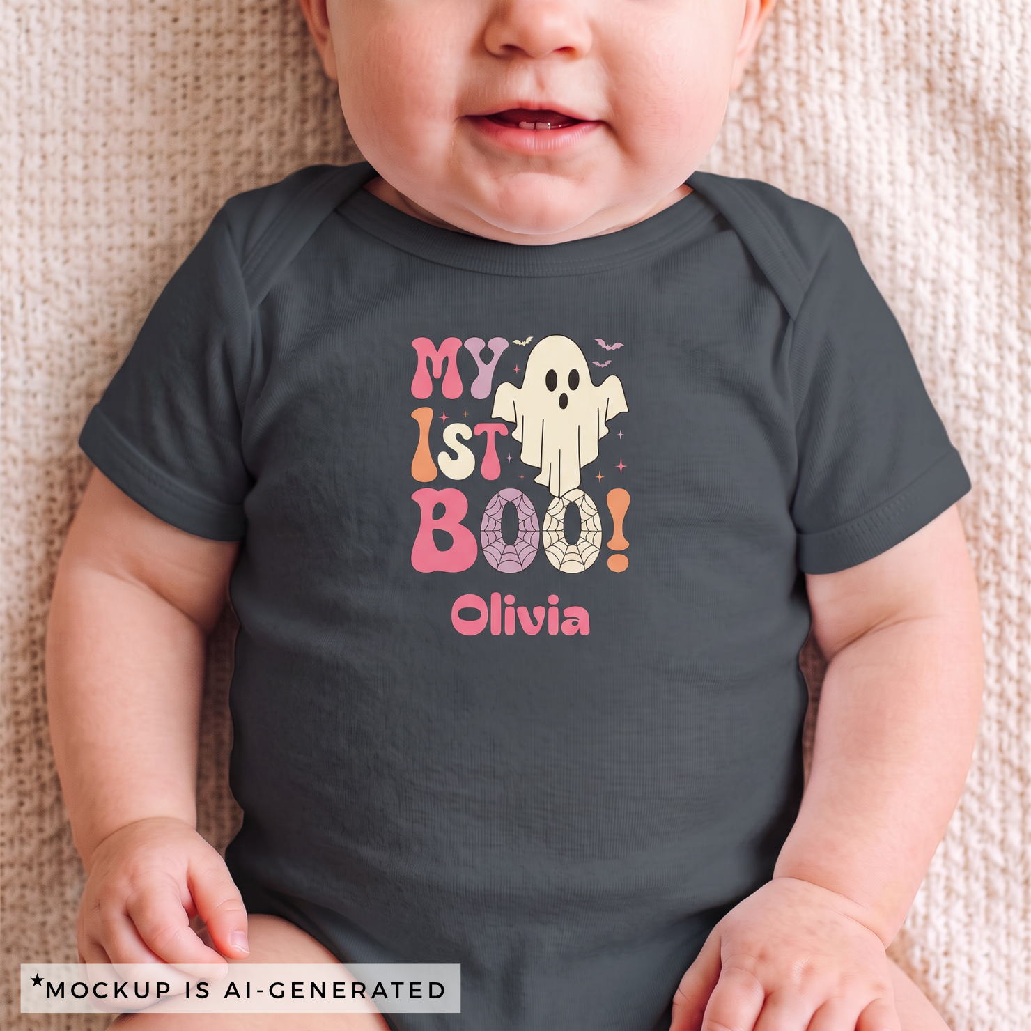 My 1st Boo Halloween onesie flat lay - retro pink orange purple ghost design with custom name