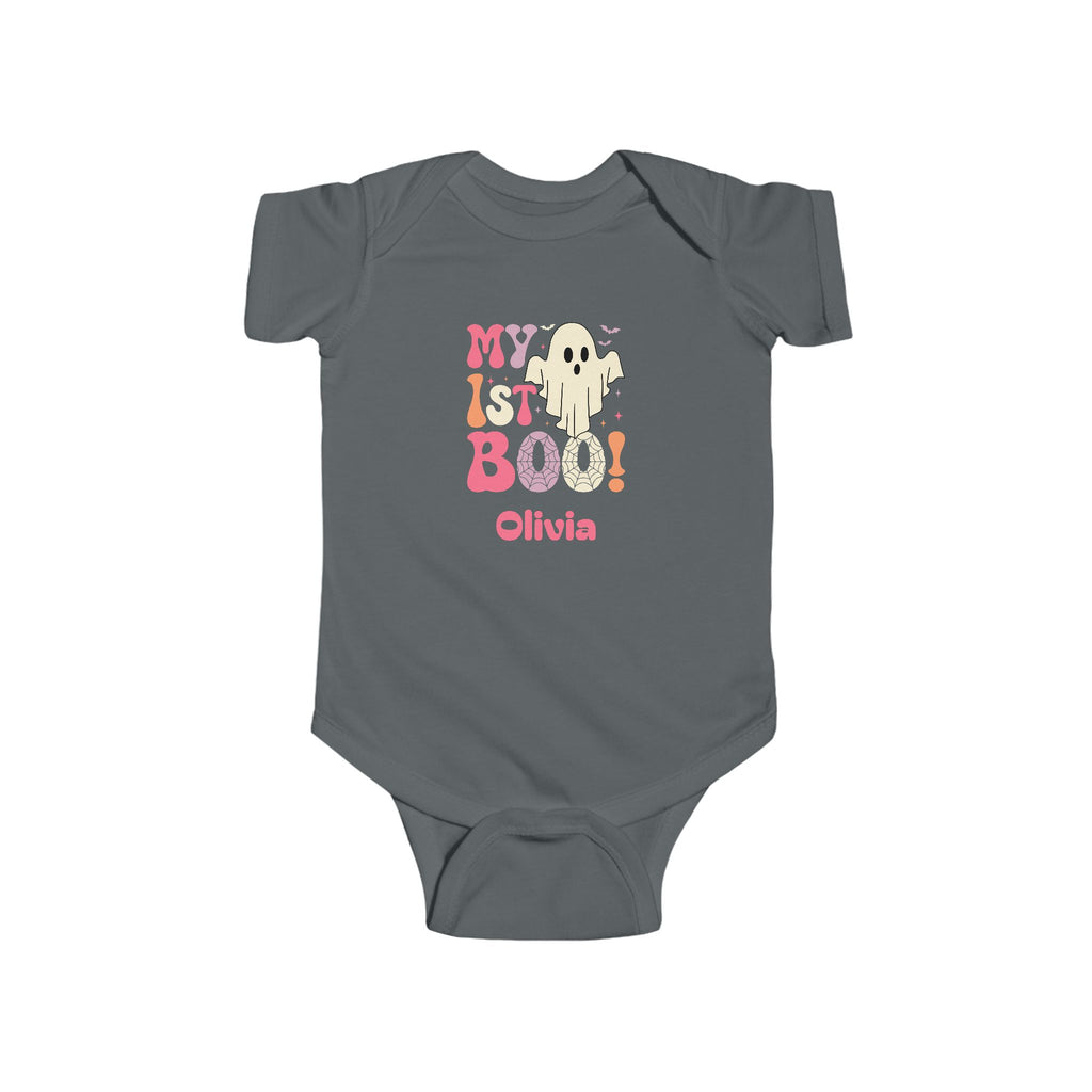 My 1st Boo Halloween onesie in heather - personalized baby halloween gift with pink orange purple ghost design