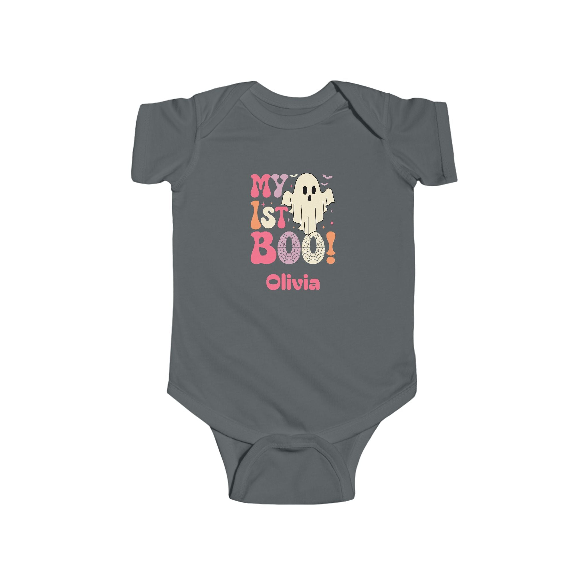 My 1st Boo Halloween onesie in heather - personalized baby halloween gift with pink orange purple ghost design