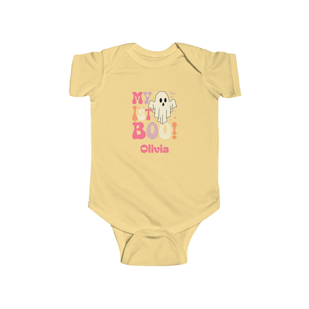 My 1st Boo personalized baby bodysuit size guide - available in NB 6M 12M 18M and 24M in multiple colors