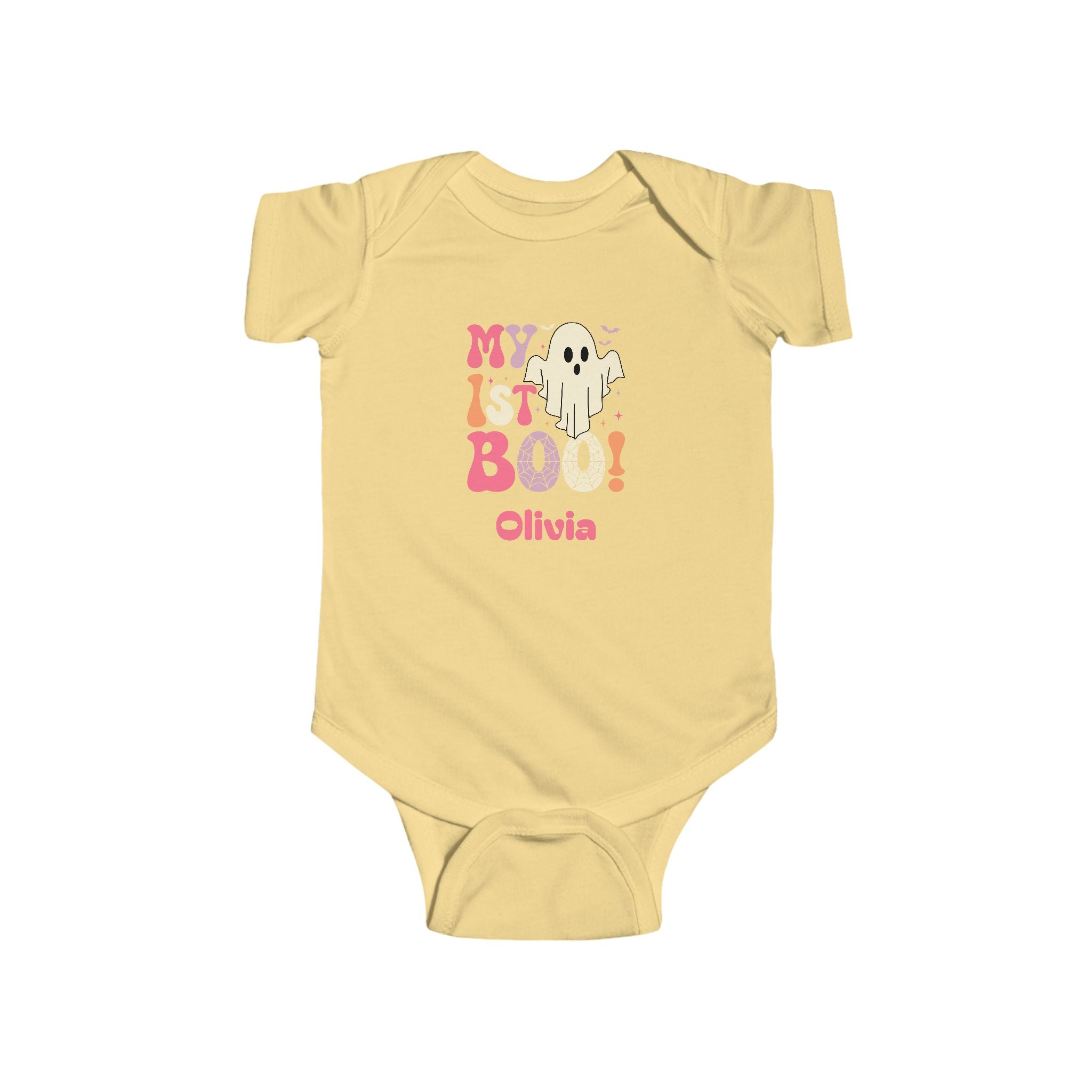 My 1st Boo personalized baby bodysuit size guide - available in NB 6M 12M 18M and 24M in multiple colors