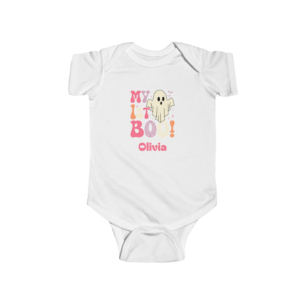 My 1st Boo Halloween onesie in white - retro groovy first halloween baby bodysuit with custom name