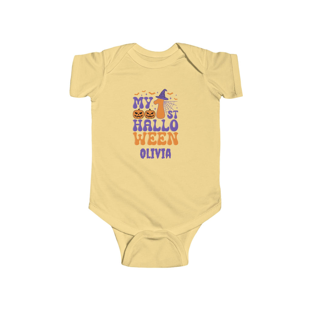My 1st Halloween baby bodysuit in black - retro groovy halloween design with personalized name