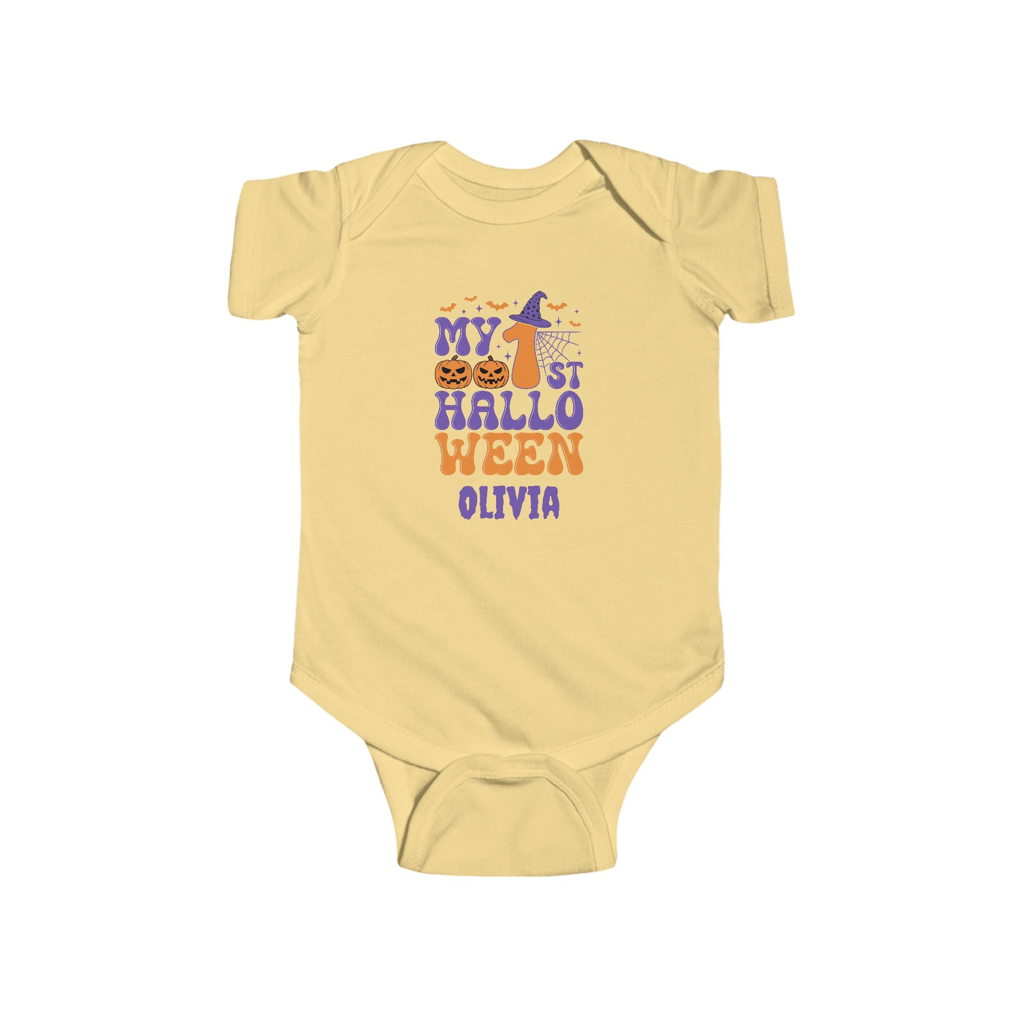 My 1st Halloween baby bodysuit in black - retro groovy halloween design with personalized name