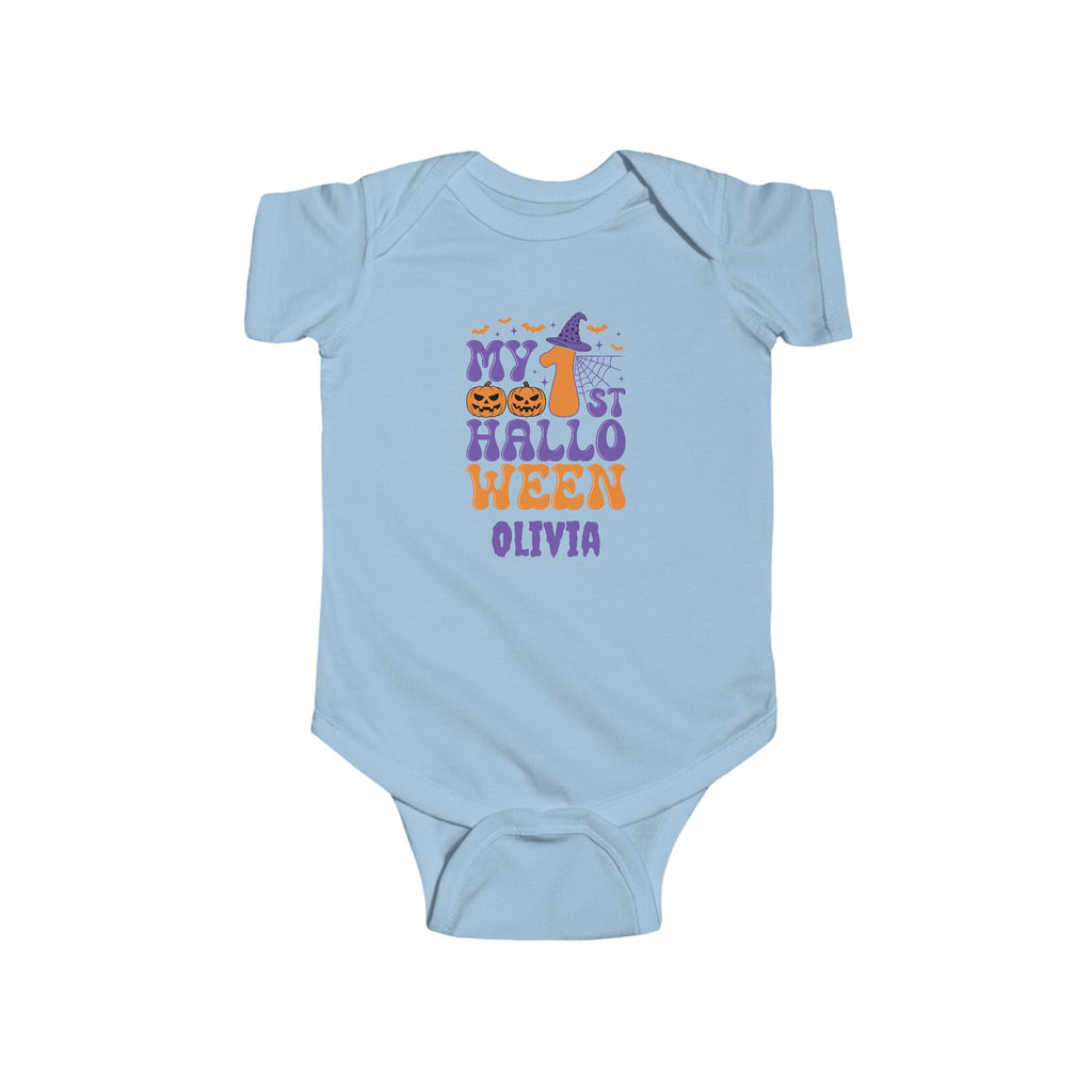 Personalized My 1st Halloween baby bodysuit detail - first halloween keepsake gift with custom name in purple and orange