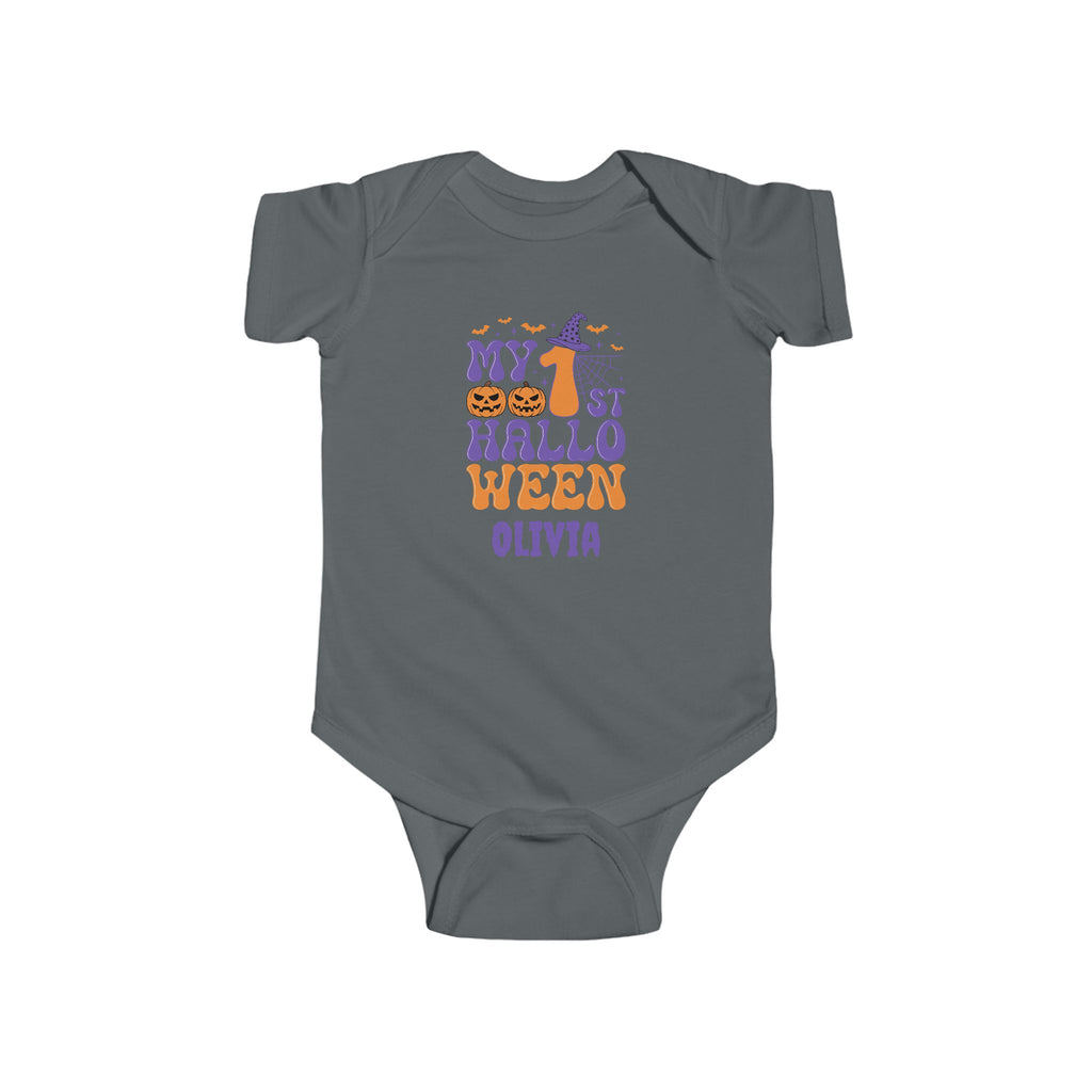 My 1st Halloween baby onesie in heather grey - first halloween personalized baby bodysuit with custom name