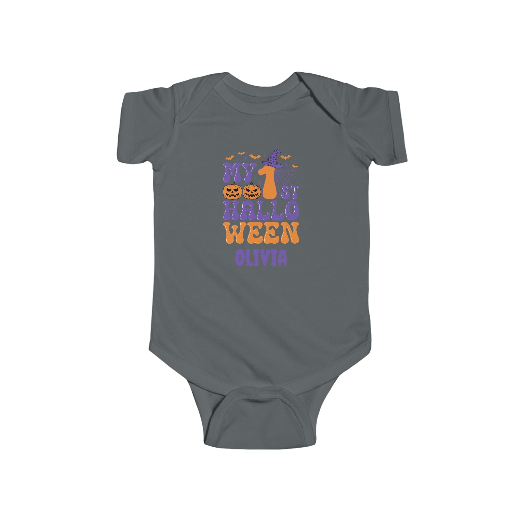 My 1st Halloween baby onesie in heather grey - first halloween personalized baby bodysuit with custom name