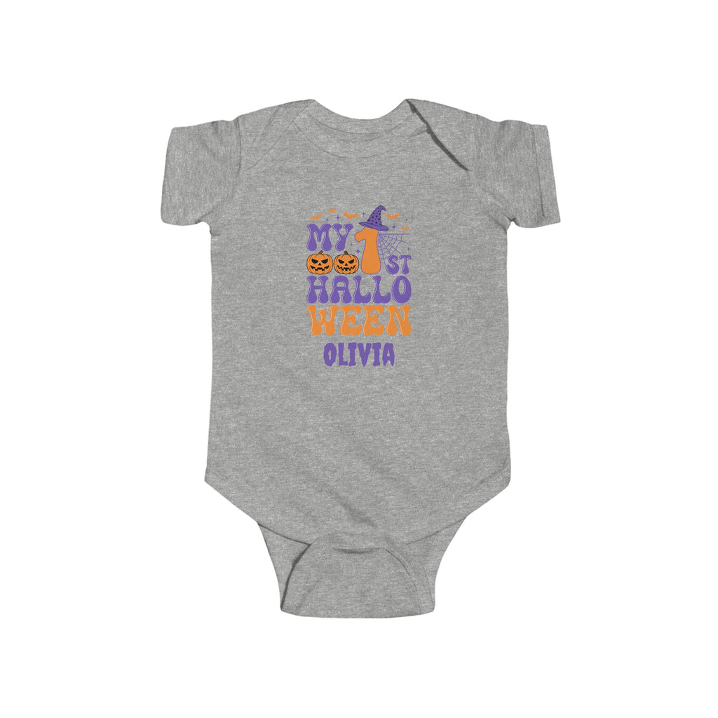 My 1st Halloween baby onesie in navy - personalized first halloween baby gift with purple orange halloween design