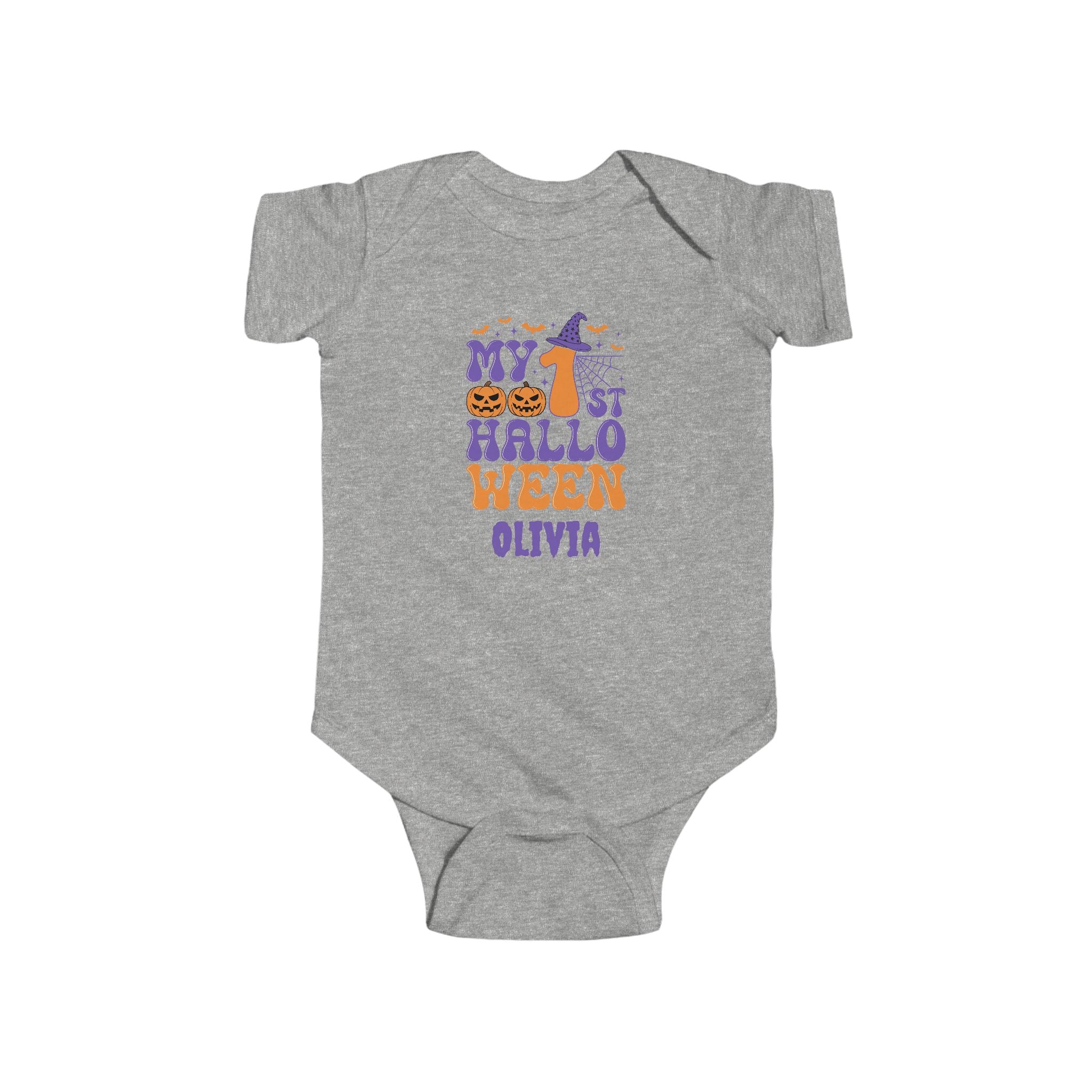My 1st Halloween baby onesie in navy - personalized first halloween baby gift with purple orange halloween design
