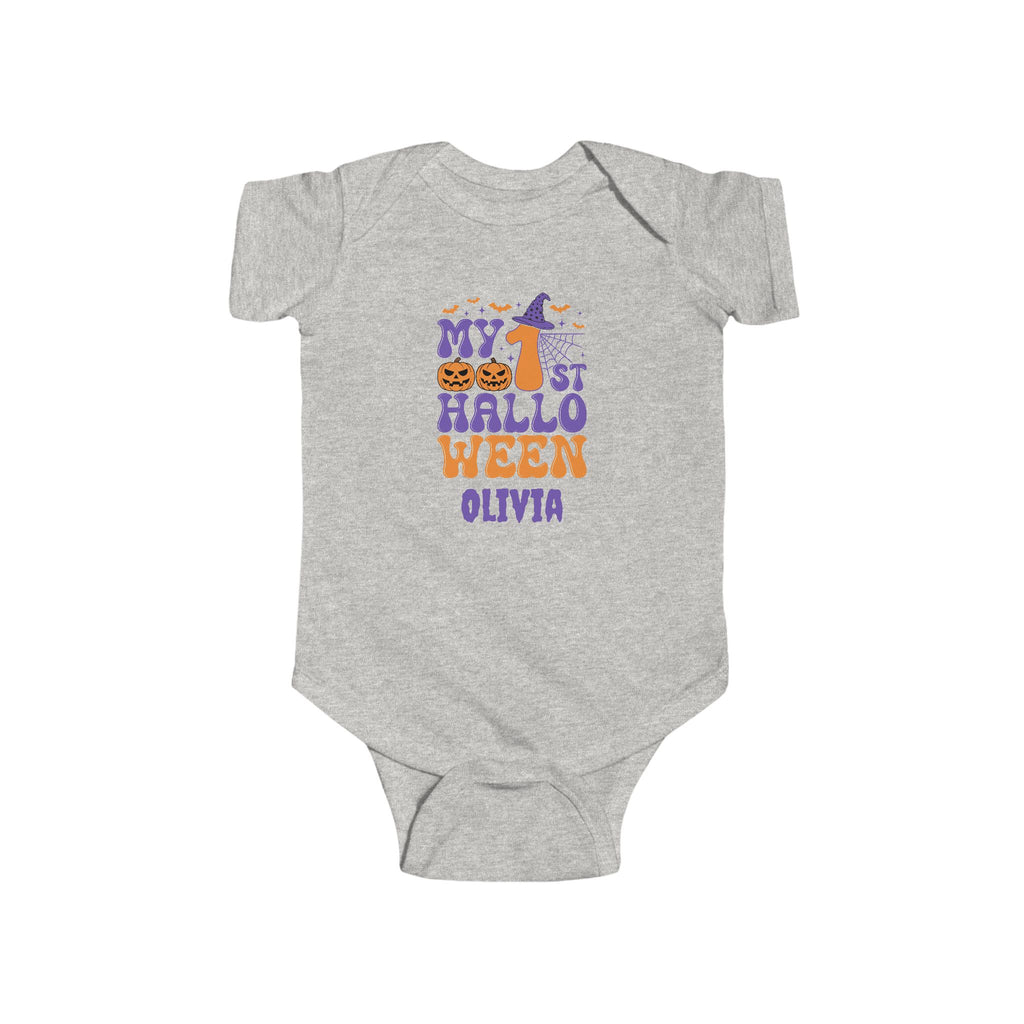 My 1st Halloween baby onesie in pink - personalized first halloween bodysuit with purple orange design