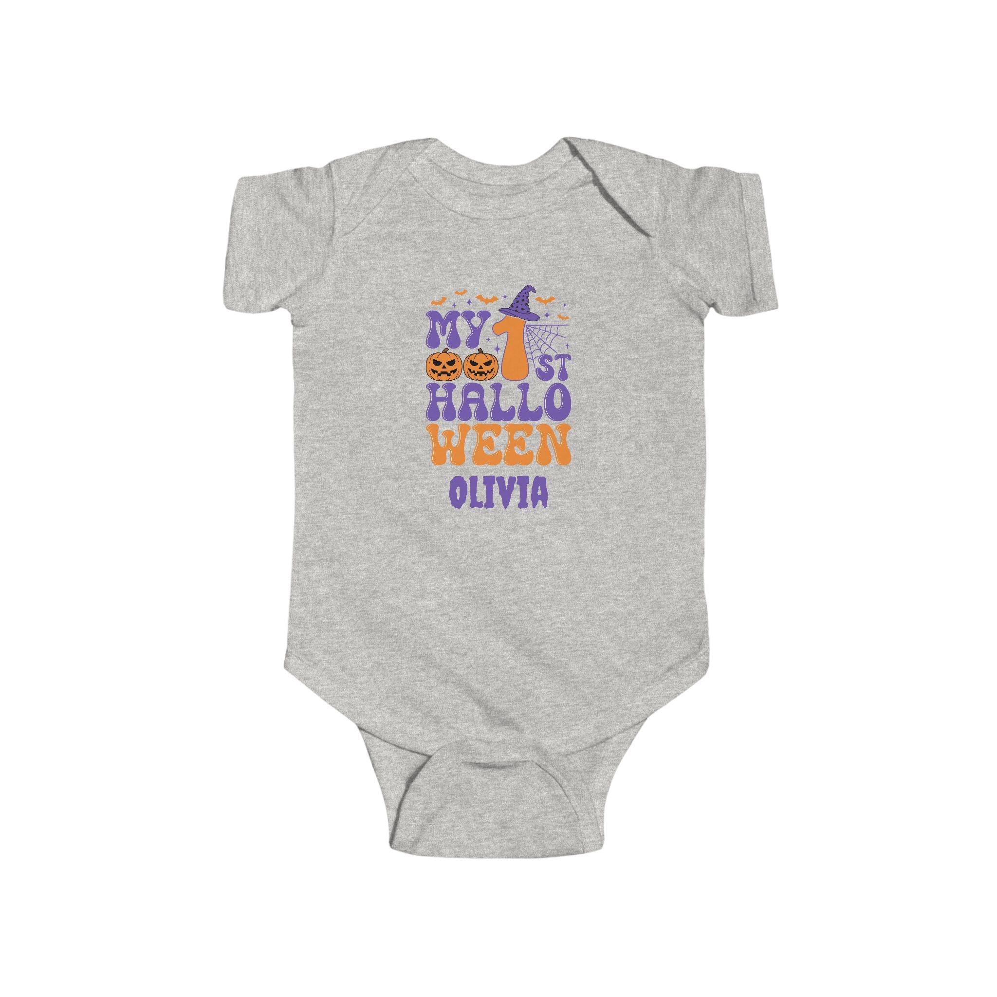 My 1st Halloween baby onesie in pink - personalized first halloween bodysuit with purple orange design