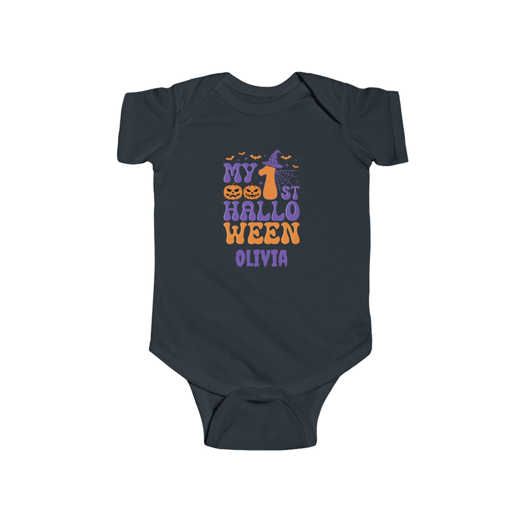 My 1st Halloween baby onesie size guide - available in NB 6M 12M 18M and 24M in multiple colors