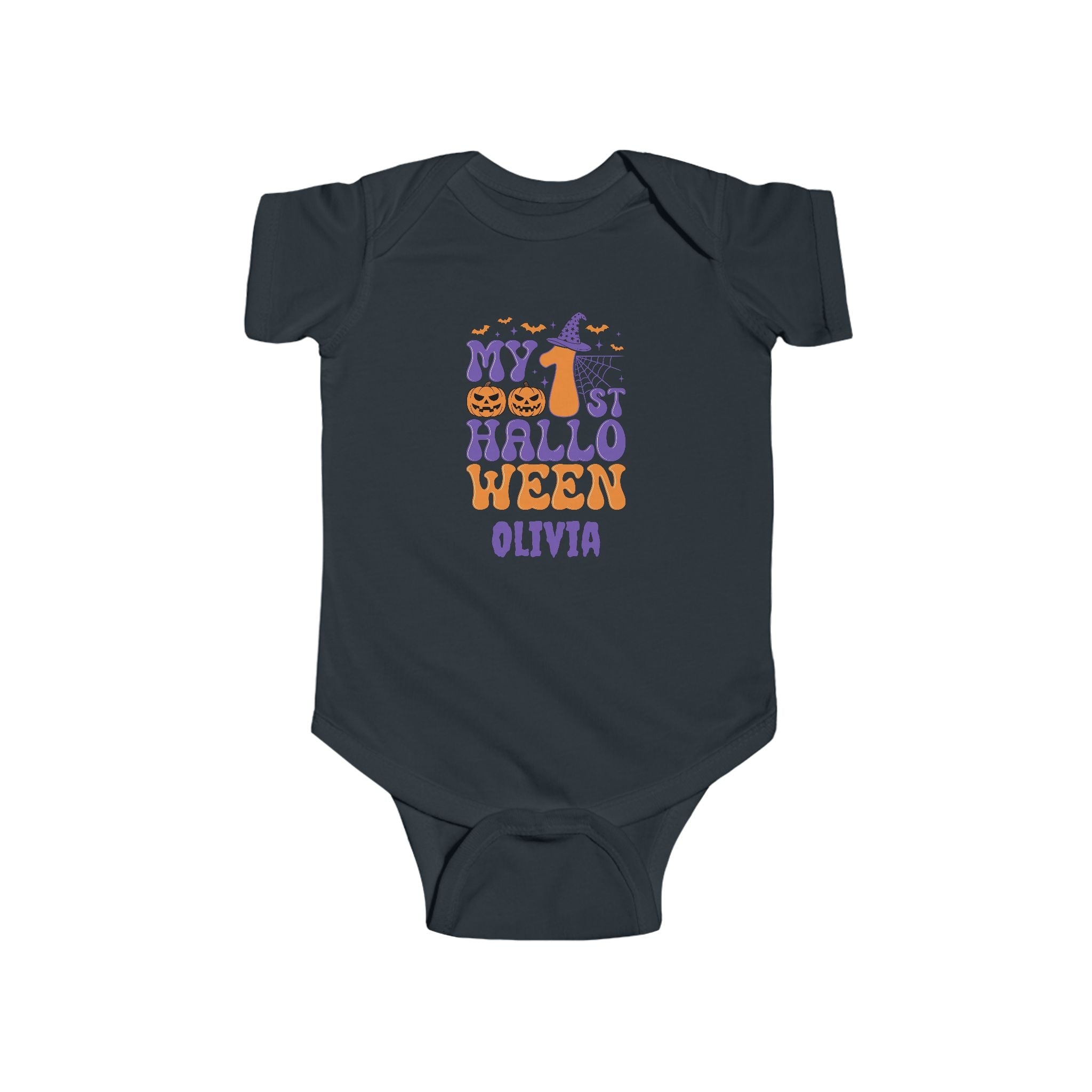 My 1st Halloween baby onesie size guide - available in NB 6M 12M 18M and 24M in multiple colors