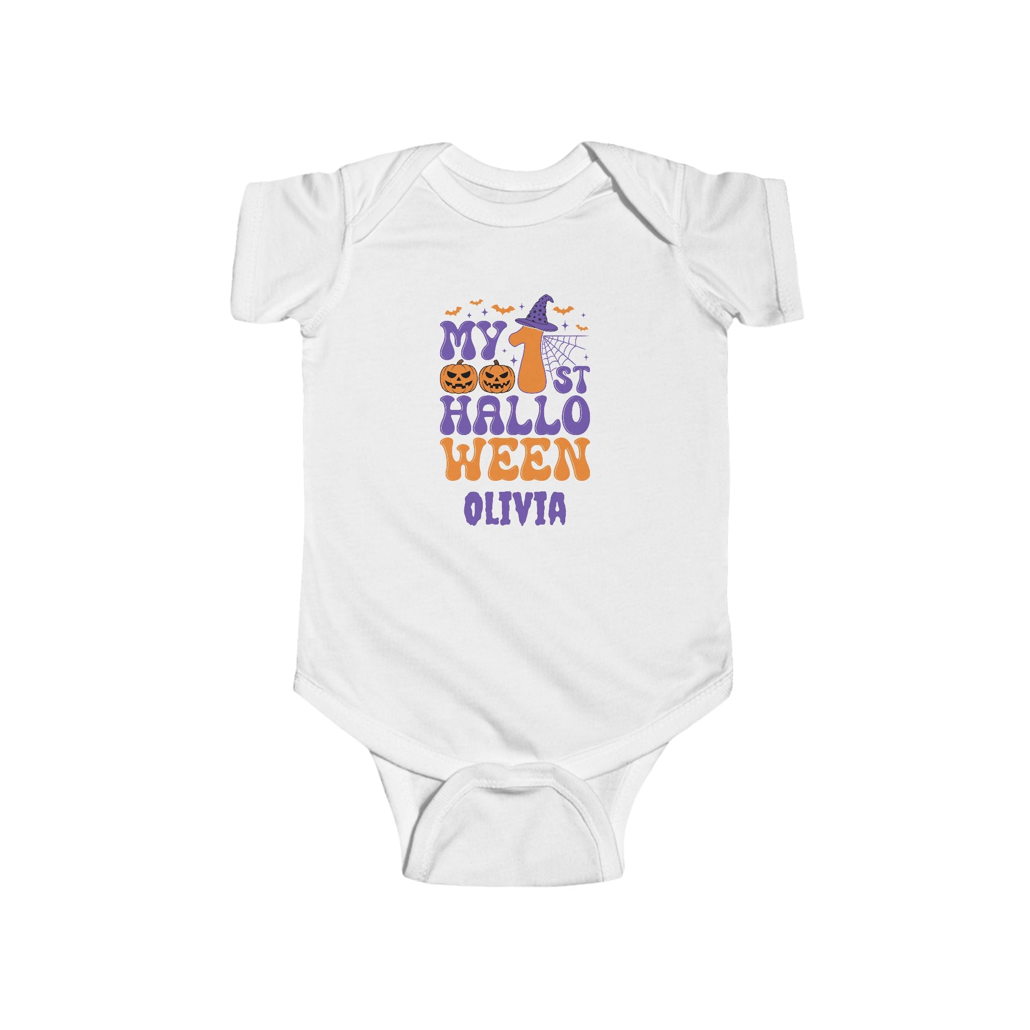My 1st Halloween personalized baby onesie in white - retro purple and orange design with pumpkins witch hat spiderweb and custom name