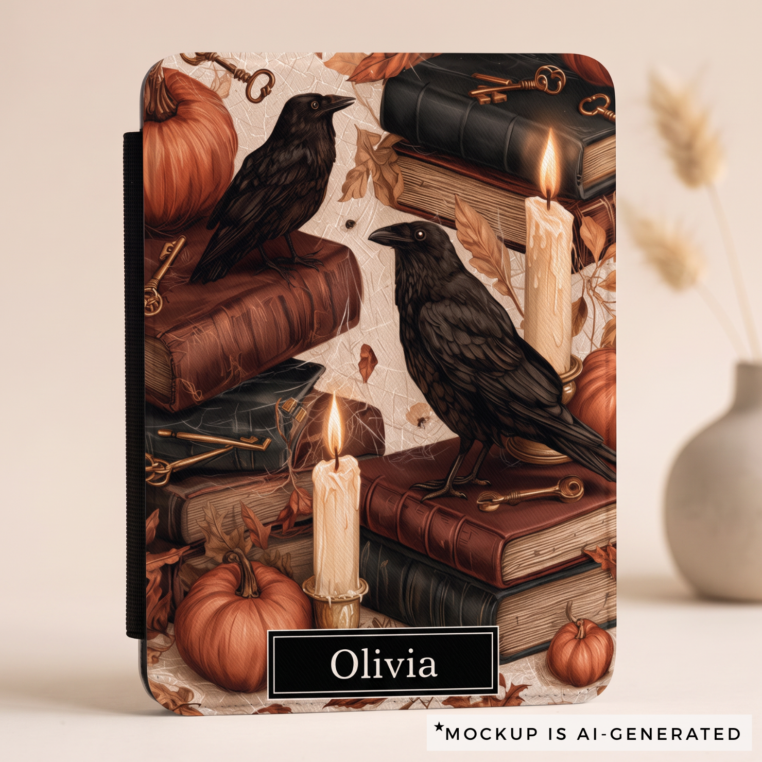 Close-up of autumn raven Kindle case design - black ravens on antique books with flickering candles orange pumpkins and vintage keys