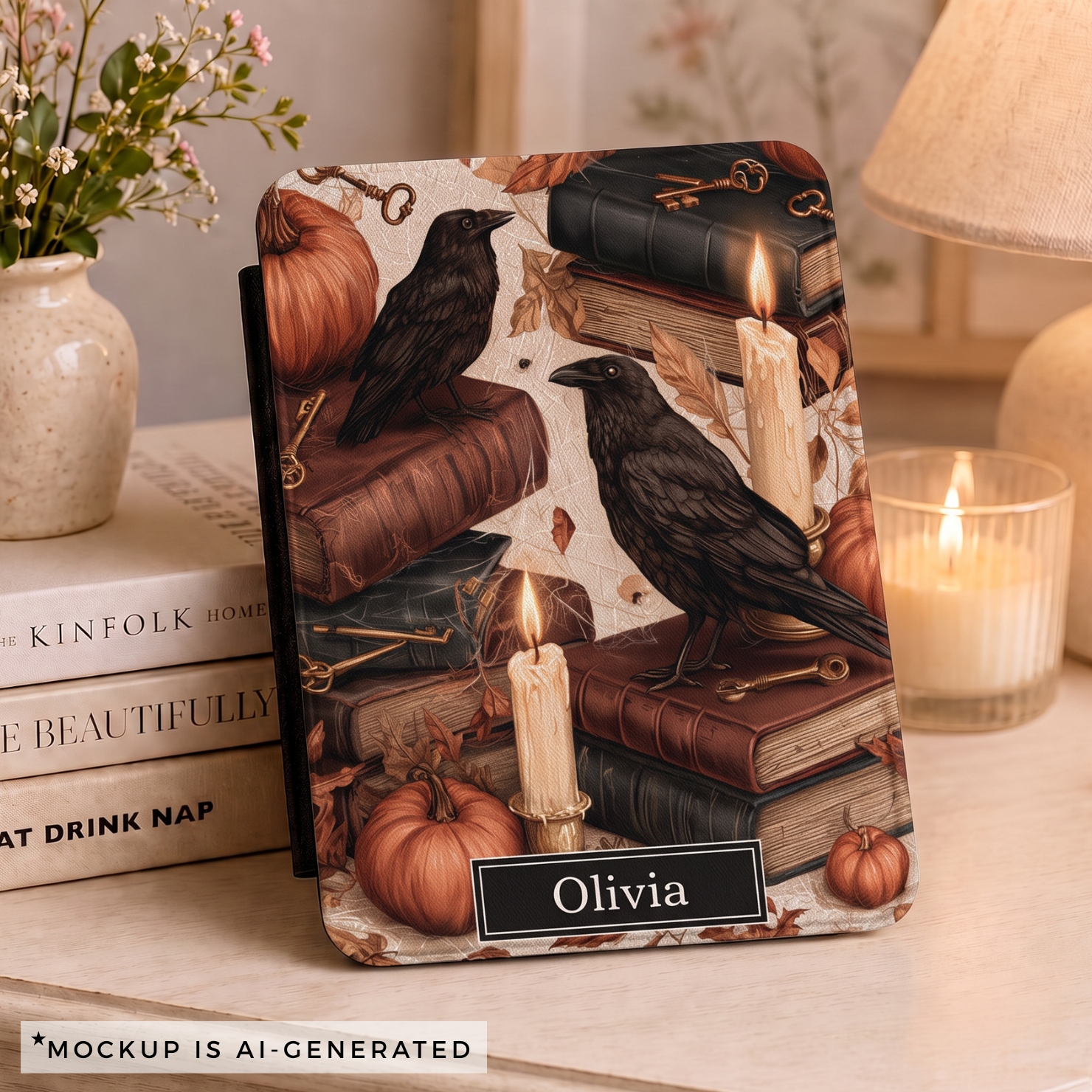 Autumn raven gothic Kindle case flat lay - warm amber rust tones with ravens books pumpkins candles and personalized name