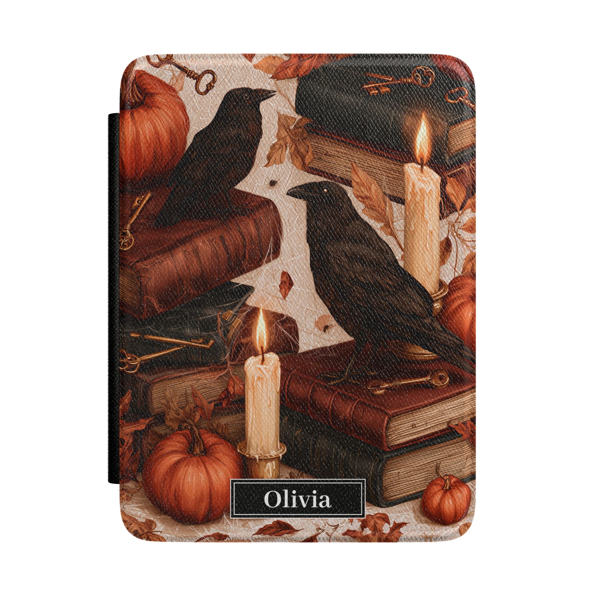 Personalized autumn raven Kindle case - gothic fall design with black ravens antique books candles pumpkins autumn leaves and custom name in black nameplate