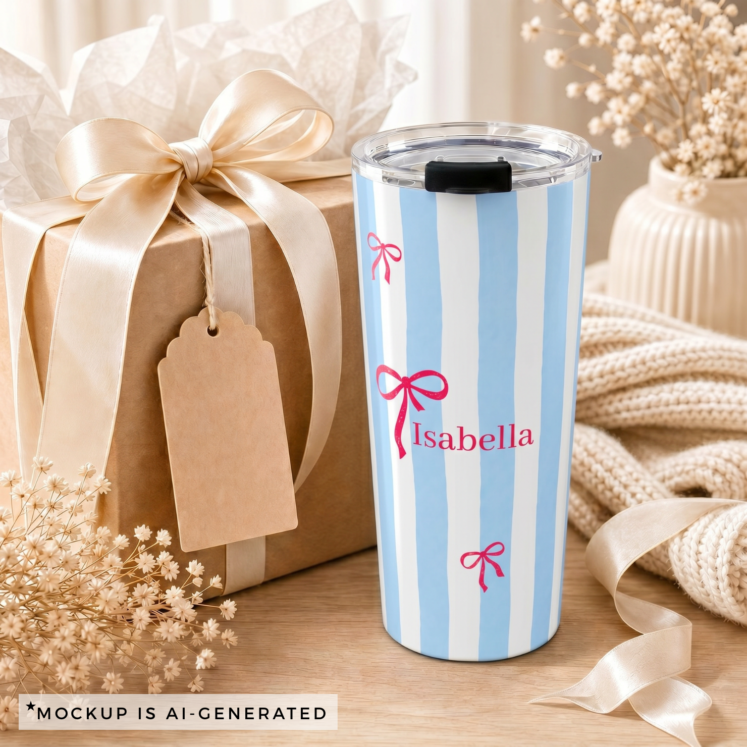 Close-up of blue stripe tumbler personalization - red bow with custom name in classic serif font