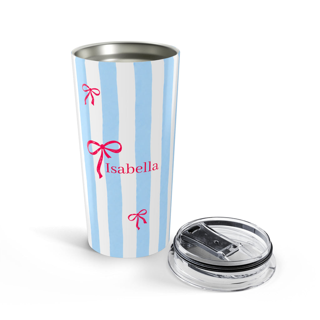 Custom name 20oz blue stripe tumbler - personalized coquette gift for daughter with red bow design