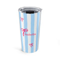 Personalized blue stripe tumbler with red coquette bows and custom name in red serif font - 20oz stainless steel with clear lid