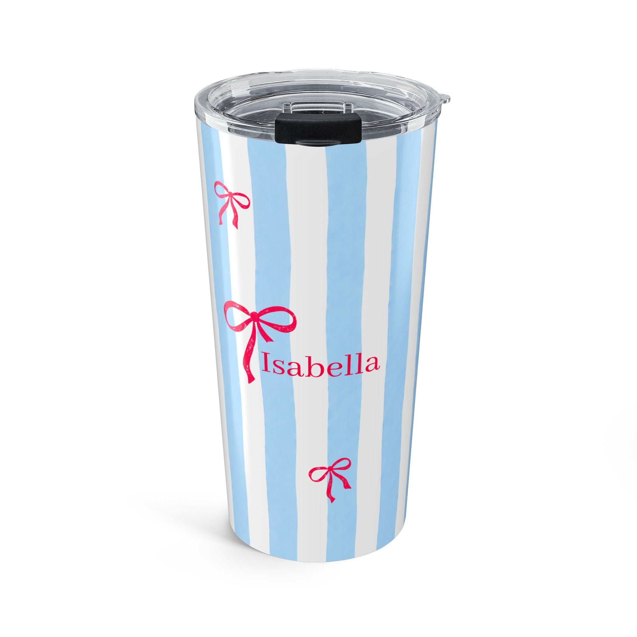 Personalized blue stripe tumbler with red coquette bows and custom name in red serif font - 20oz stainless steel with clear lid
