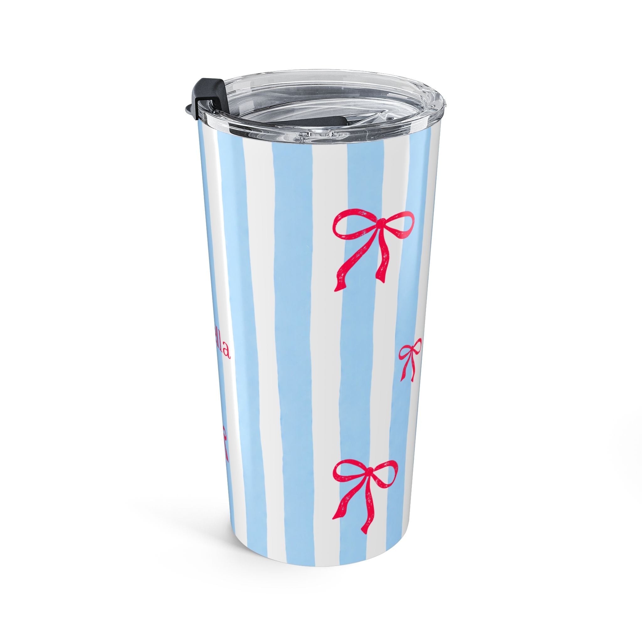 Personalized blue coquette tumbler in home setting - elegant bow design gift for teen or young woman