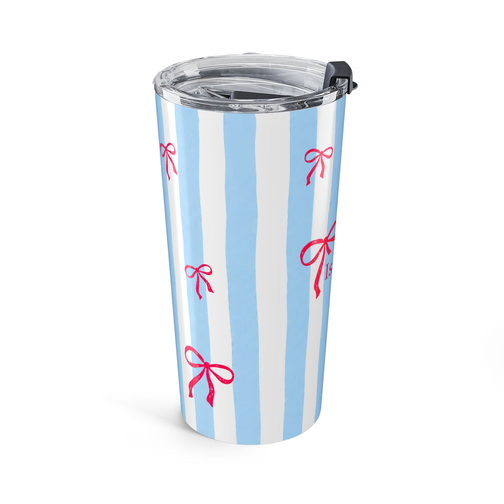 Blue stripe coquette tumbler with sliding lid - charming birthday gift for her or daughter