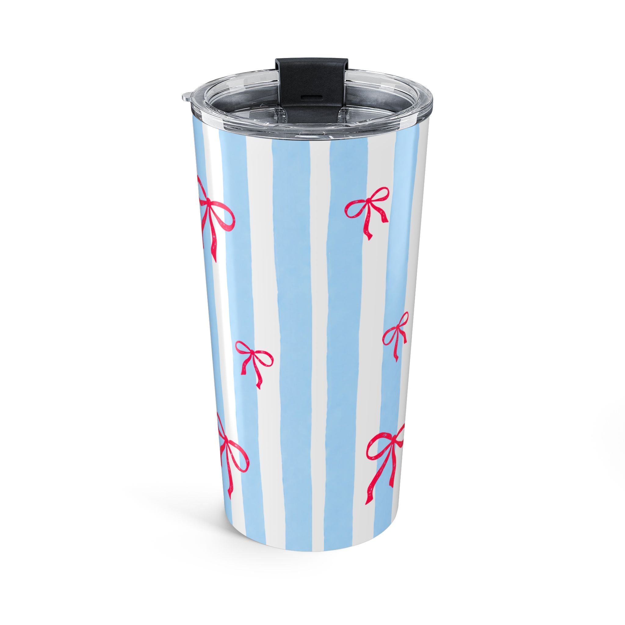 Personalized tumbler for daughter birthday gift - baby blue stripes and red bows on 20oz stainless steel