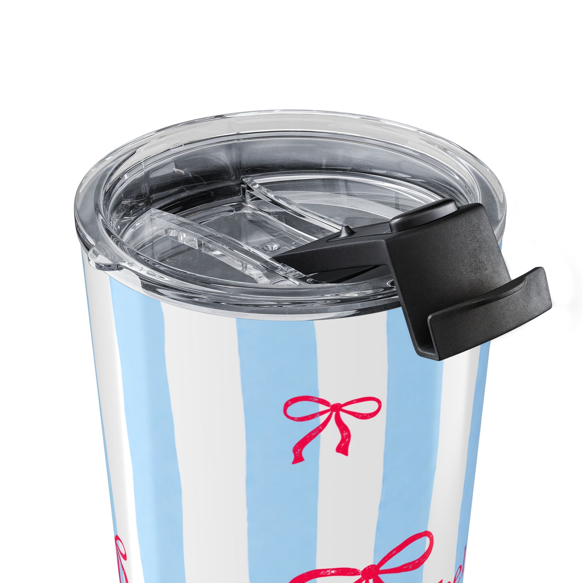 Blue and white stripe personalized tumbler right side - coquette bow design with custom name