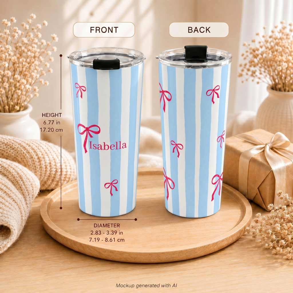 Custom name baby blue and white stripe tumbler - coquette design with red bow accents for her