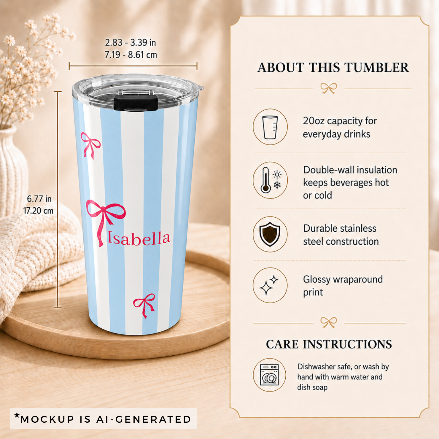 Personalized blue stripe tumbler size guide - 20oz stainless steel with red coquette bows and custom name