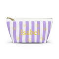 Personalized lavender bow makeup bag with custom name Isabel in gold letters, front view