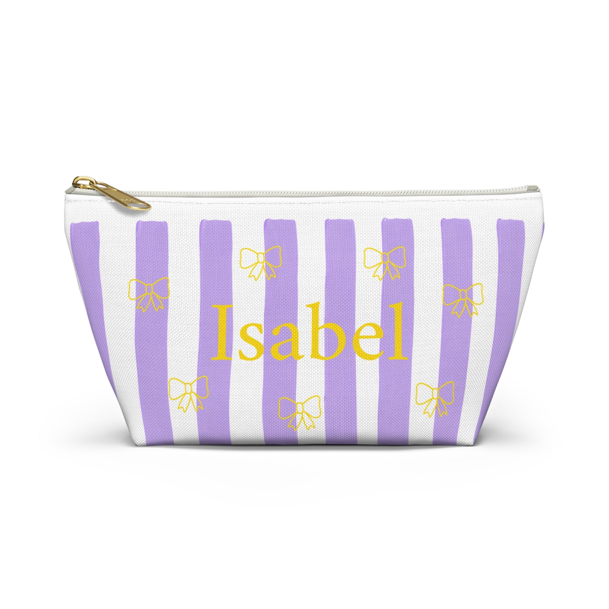 Personalized lavender bow makeup bag with custom name Isabel in gold letters, front view