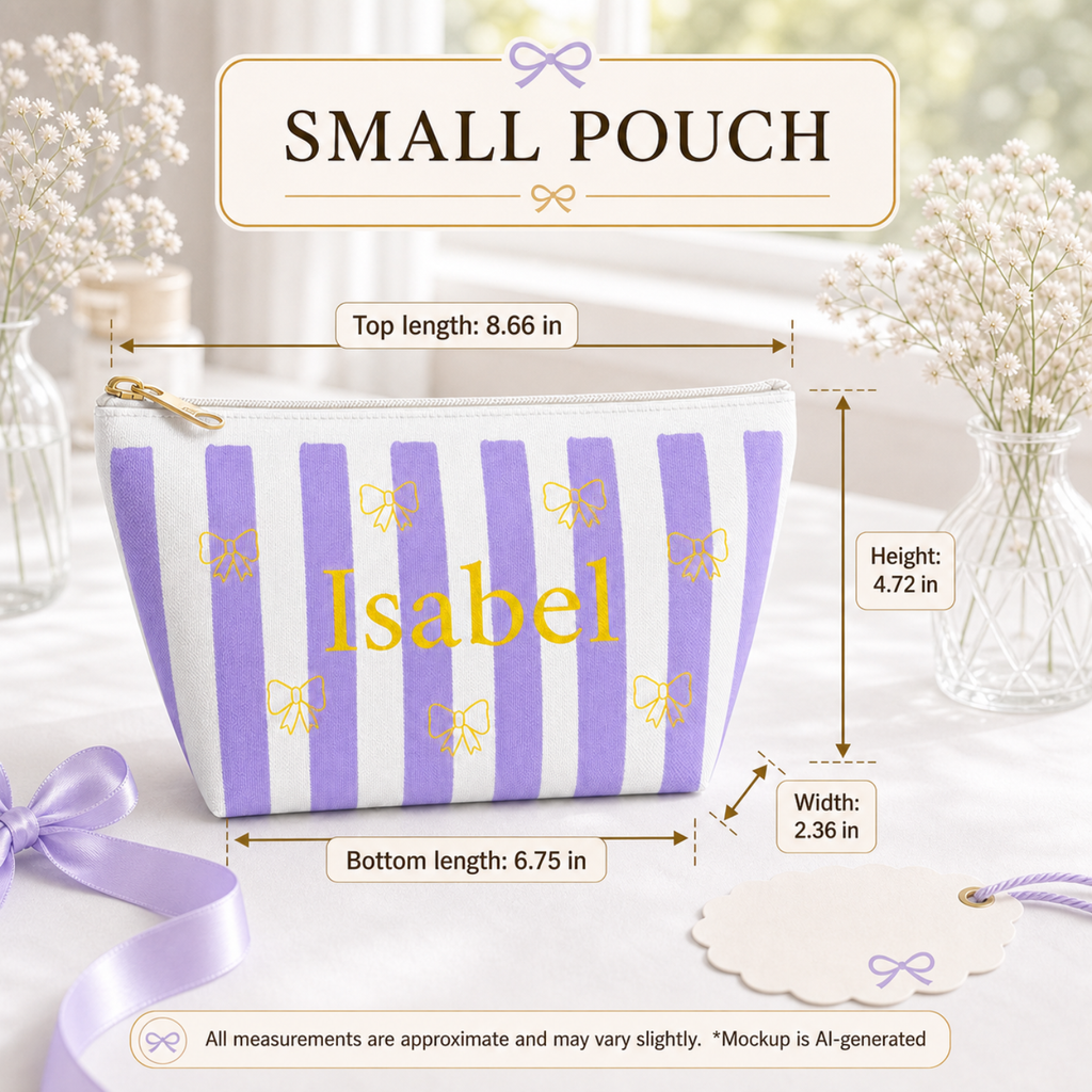 Lavender coquette pouch with custom name, size reference small