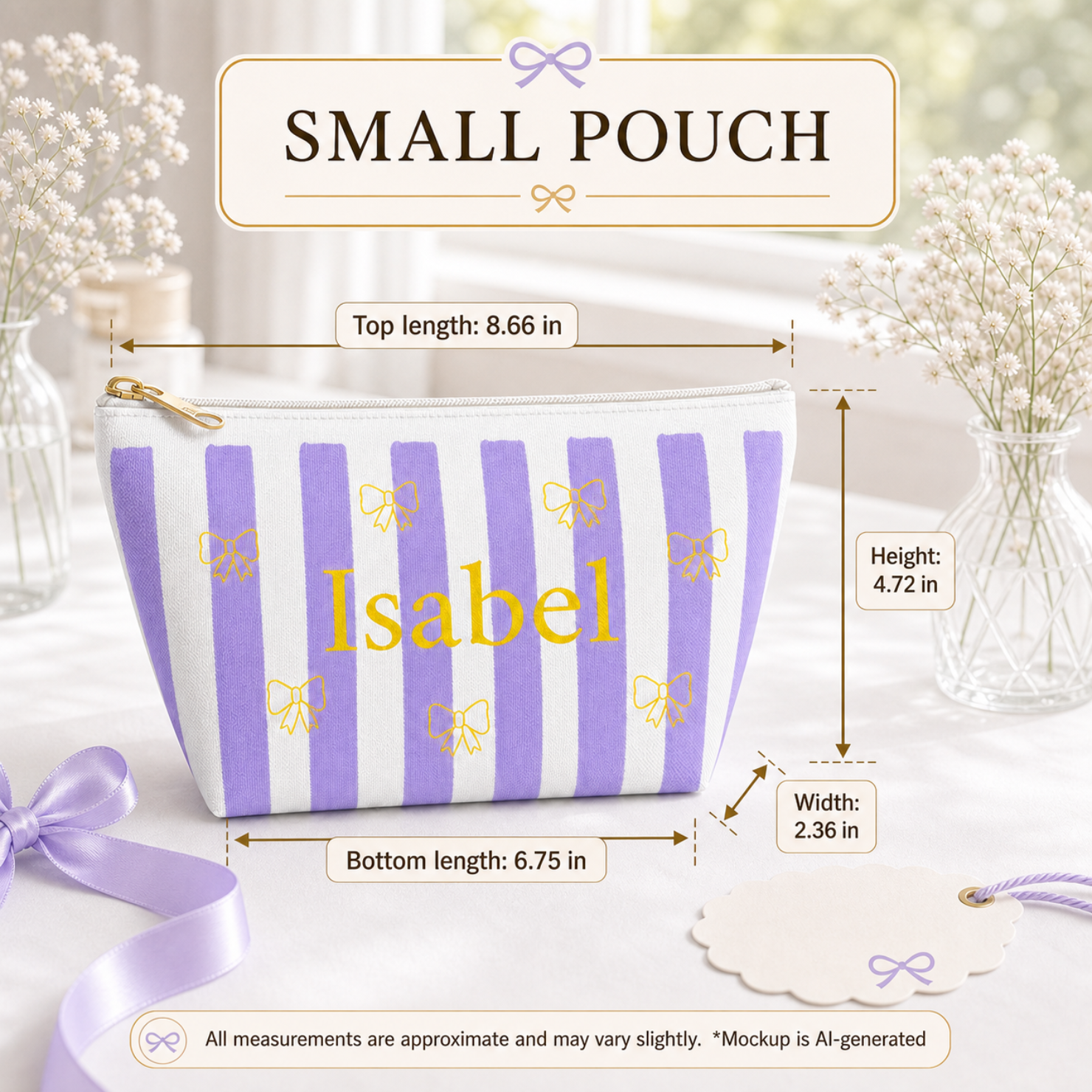 Lavender coquette pouch with custom name, size reference small