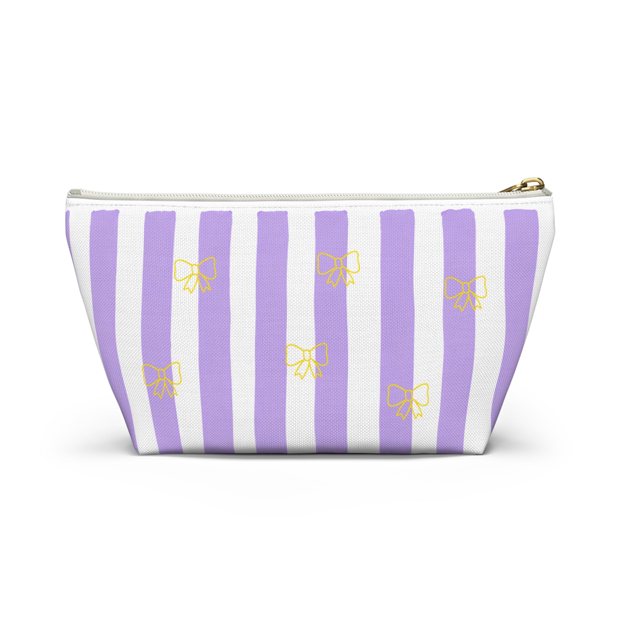 Coquette bow cosmetic pouch standing upright, T-bottom structure shown