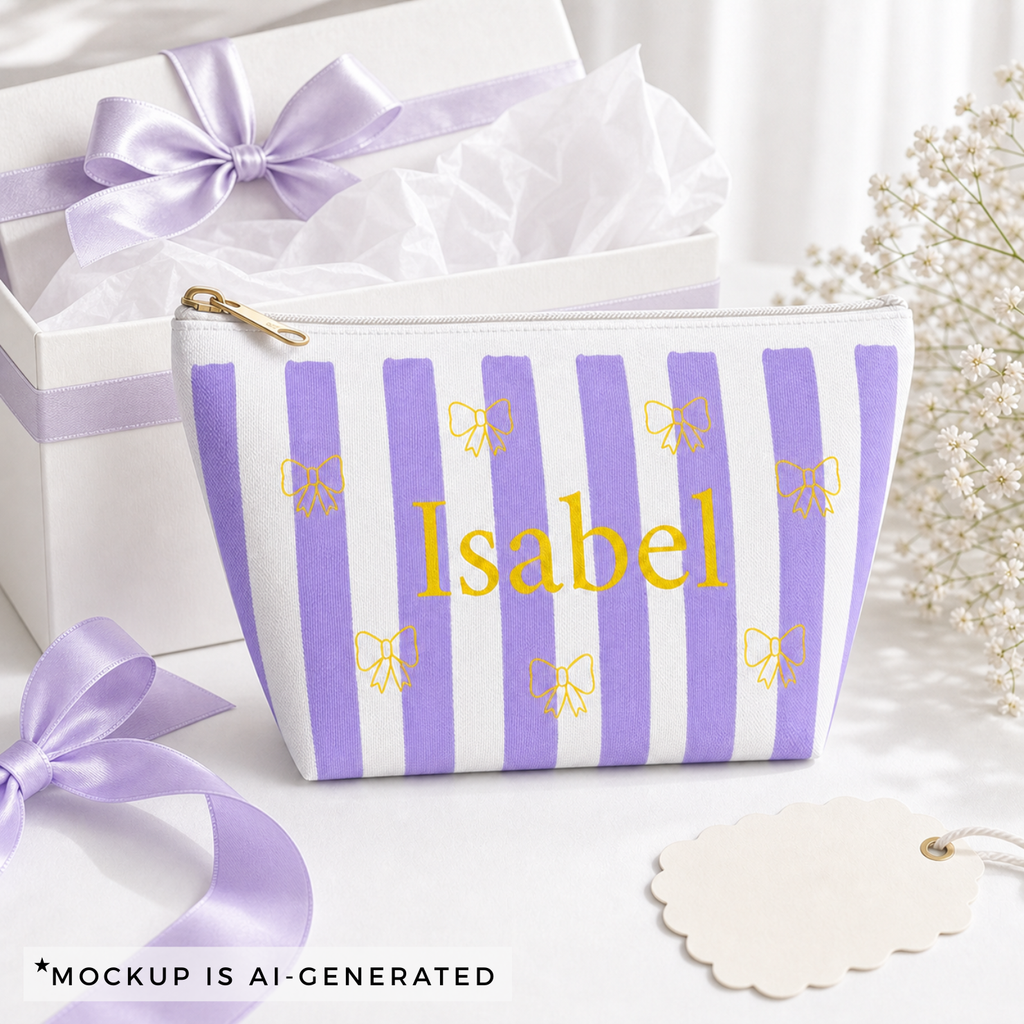 Lavender stripe personalized pouch with gold bow accents, top view